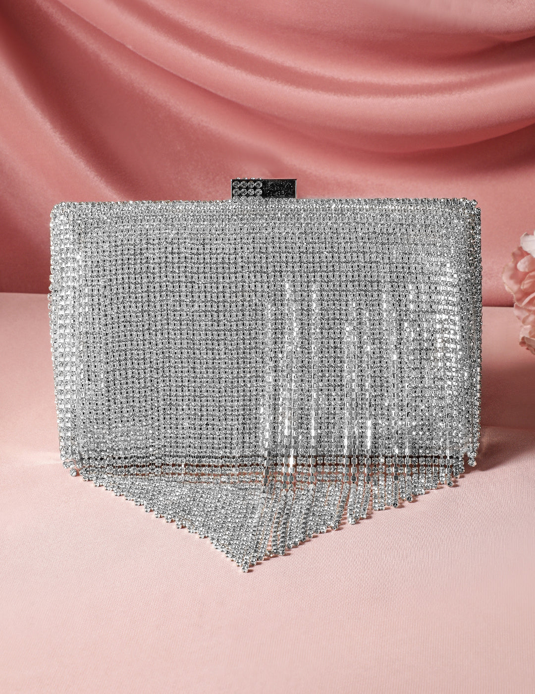 Wentra Silver-Toned Shimmery Cubic Zirconia Layering  Embellished Clutch