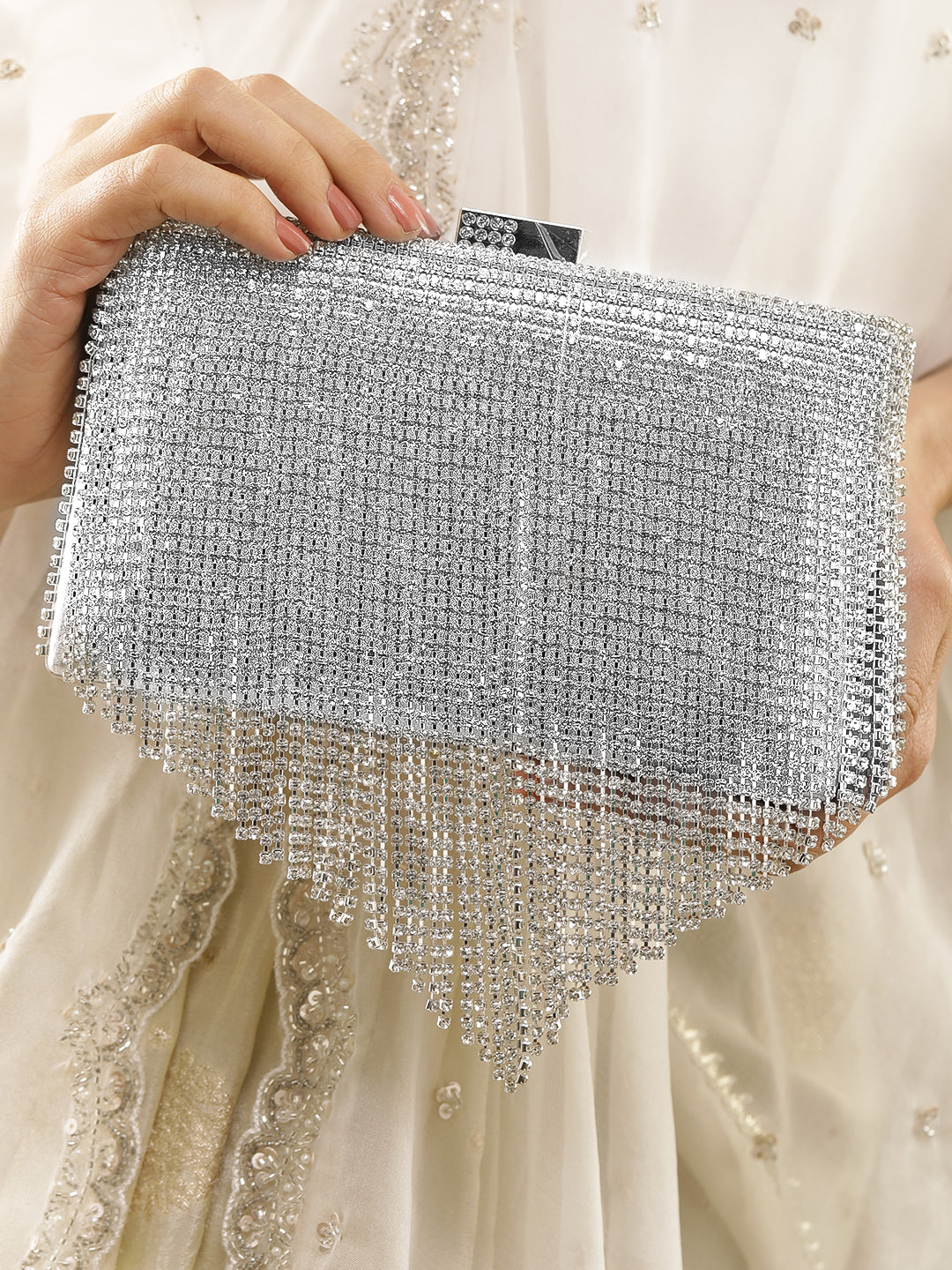 Wentra Silver-Toned Shimmery Cubic Zirconia Layering  Embellished Clutch