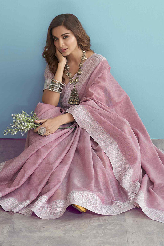 Deserving Lavender Lucknowi Silk Saree With Blooming Blouse Piece