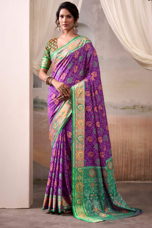 Engrossing Purple Patola Silk Saree With Fairytale Blouse Piece