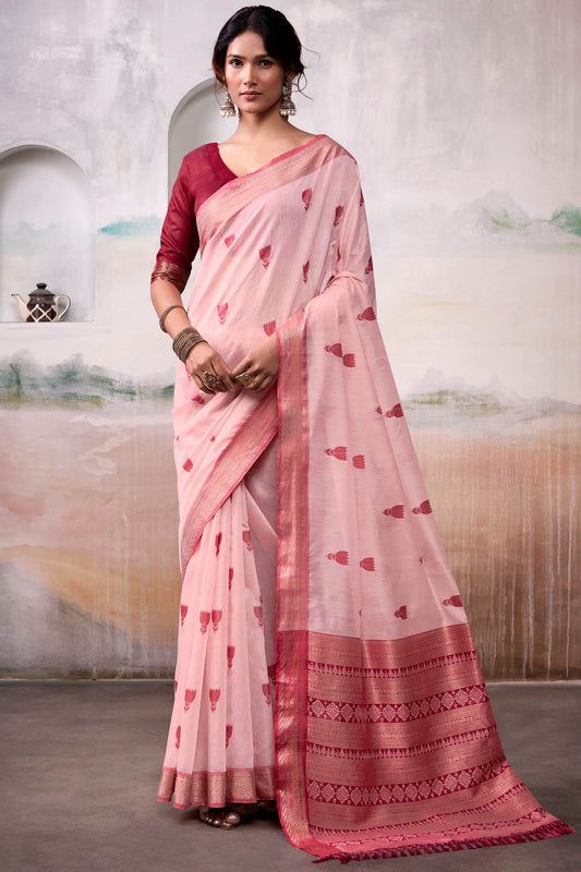 Charming Baby Pink Cotton Silk Saree With Twirling Blouse Piece