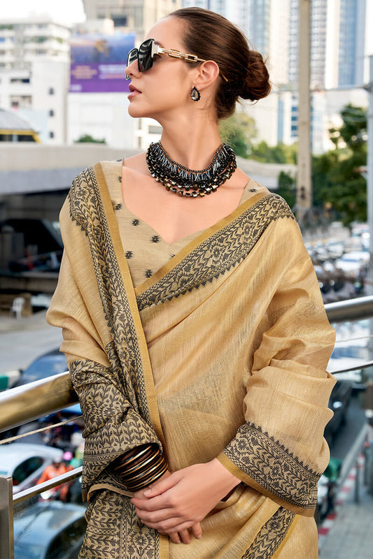 Sumptuous Beige Cotton Silk Saree With Ornate Blouse Piece