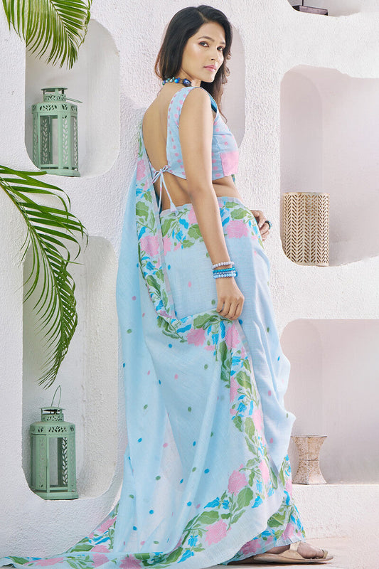 Embrocation Sky Cotton Silk Saree With Propinquity Blouse Piece