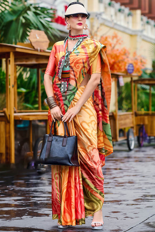 Desiring Multicolor Digital Printed Satin Silk Saree With Desiring Blouse Piece
