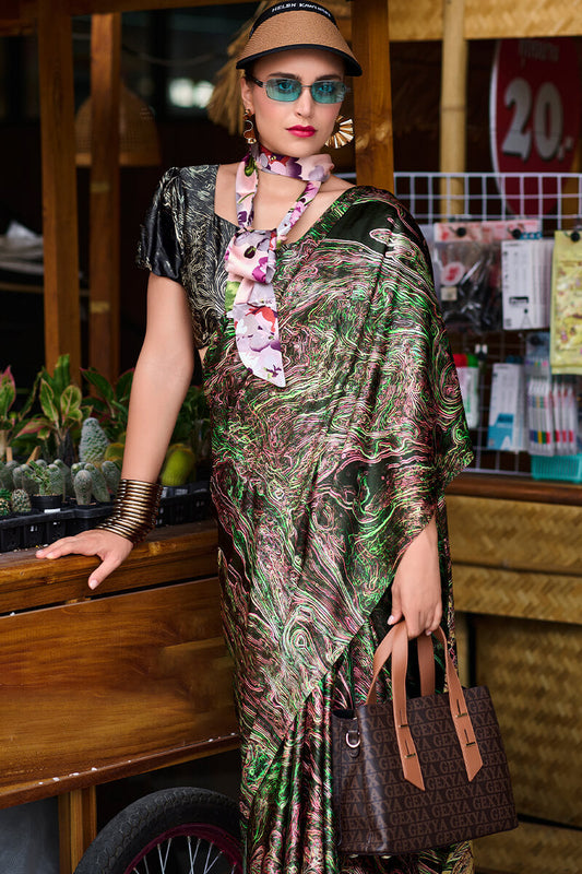 Gossamer Multicolor Digital Printed Satin Silk Saree With Scintilla Blouse Piece