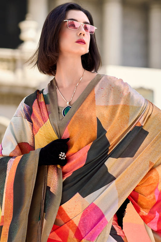 Pleasurable Multicolor Digital Printed Satin Silk Saree With Amiable Blouse Piece