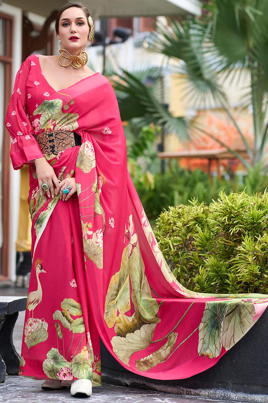 Devastating Dark Pink Digital Printed Georgette Saree With Fancifull Blouse Piece