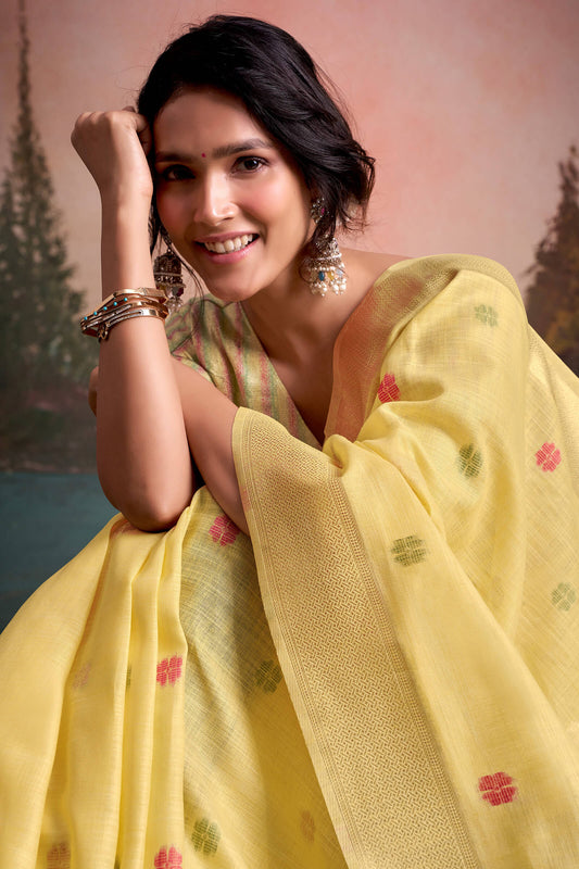 Lustrous Yellow Zari Woven Pure Linen Silk Saree With Pretty Blouse Piece