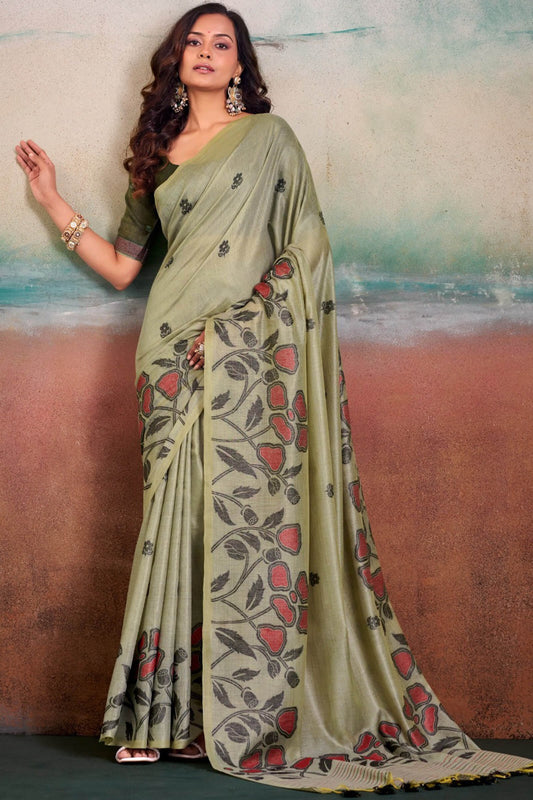 Nemesis Pista Cotton Silk Saree With Refreshing Blouse Piece