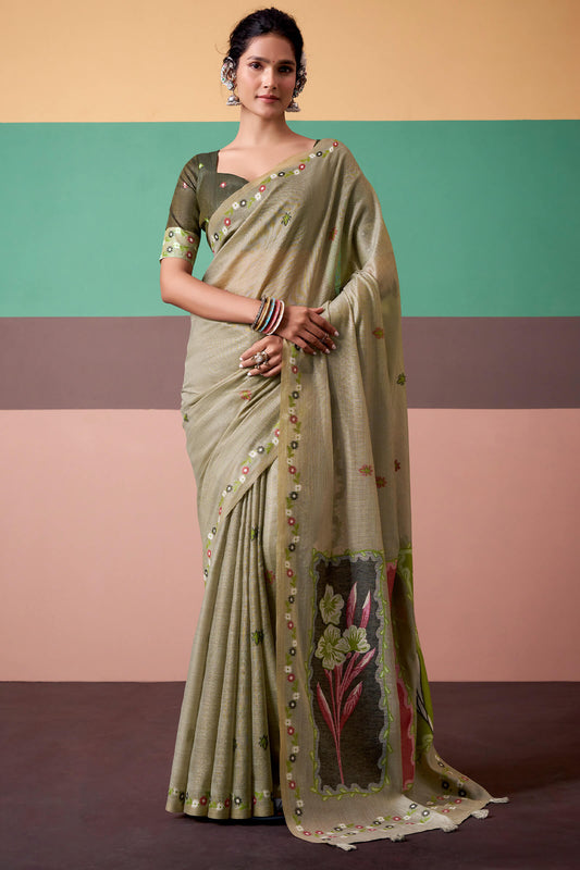 Admirable Green Pure Munga Cotton Saree With Dissemble Blouse Piece