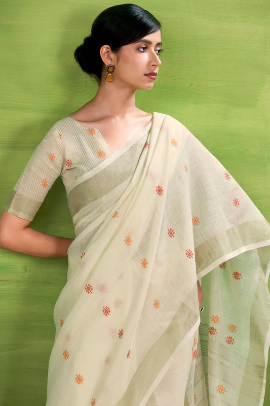 Ethereal Beige Cotton Silk Saree With Efflorescence Blouse Piece
