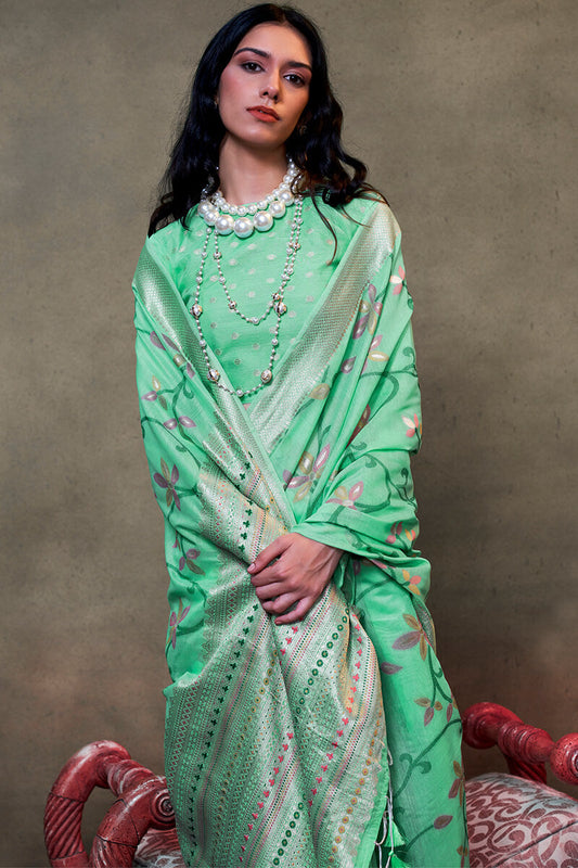 Embellished Turquoise Cotton Silk Saree With Tantalizing Blouse Piece
