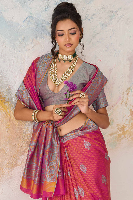 Enamoring Pink Kanjivaram Silk Saree With Magnificat Blouse Piece