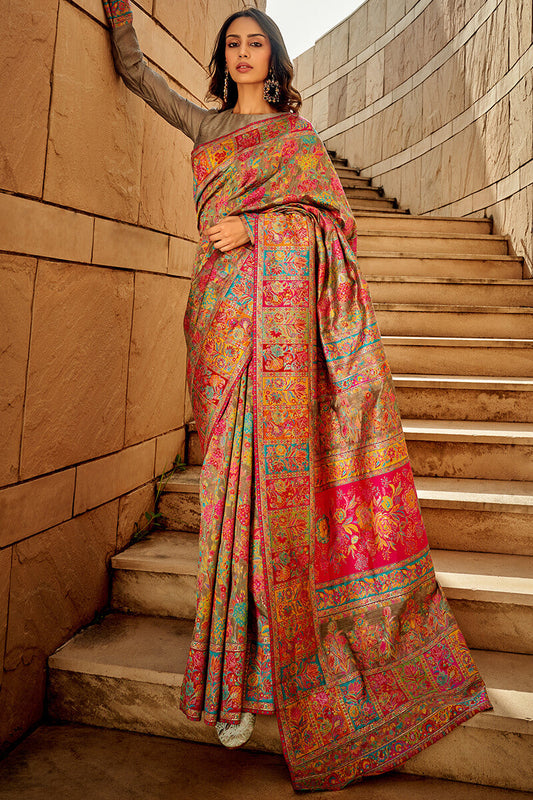 Pleasant Grey Pashmina Saree With Inspiring Blouse Piece