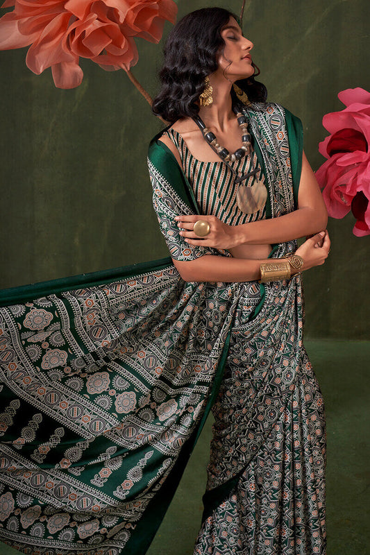 Epiphany Dark Green Ajrakh Printed Satin Silk Saree With Glittering Blouse Piece