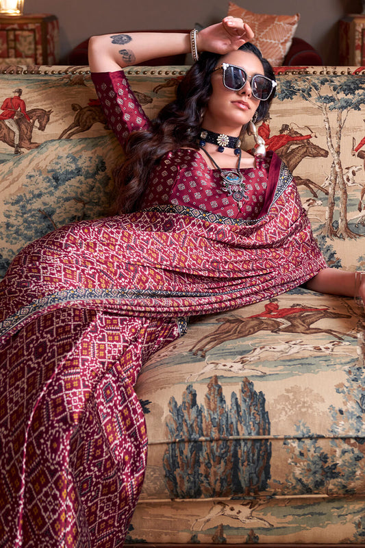 Aplomb Wine Digital Printed Satin Silk Saree With Ravishing Blouse Piece