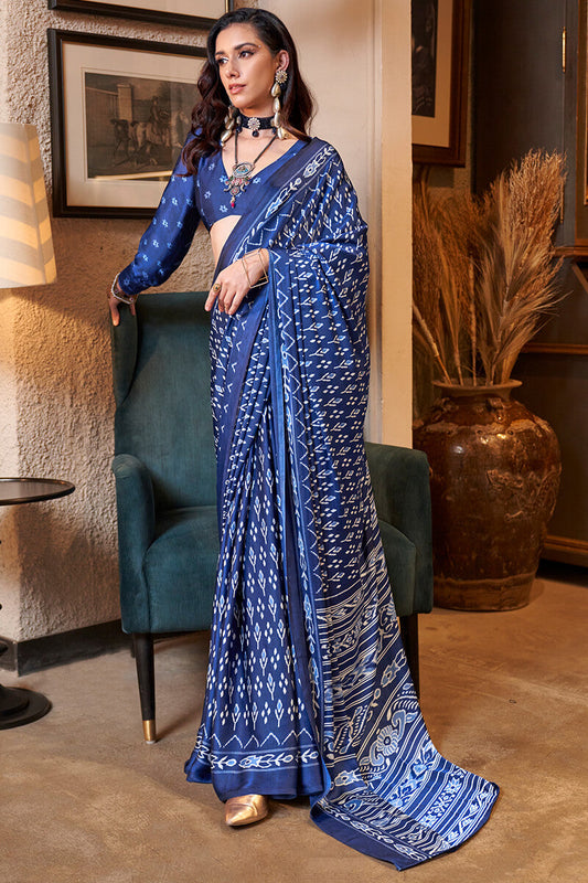 Scrupulous Navy Blue Digital Printed Satin Silk Saree With Lustrous Blouse Piece