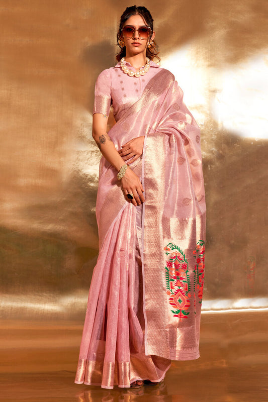 Bucolic Pink Paithani Silk Saree With Mellifluous Blouse Piece
