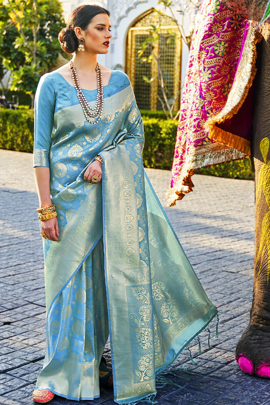 Arresting Firozi Kanjivaram Silk Saree With Flamboyant Blouse Piece