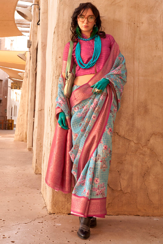 Woebegone Turquoise Digital Printed Cotton Silk Saree With Murmurous Blouse Piece
