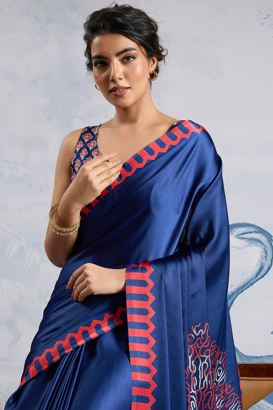 Seraglio Navy Blue Ajrakh Printed Satin Silk Saree With Dulcet Blouse Piece