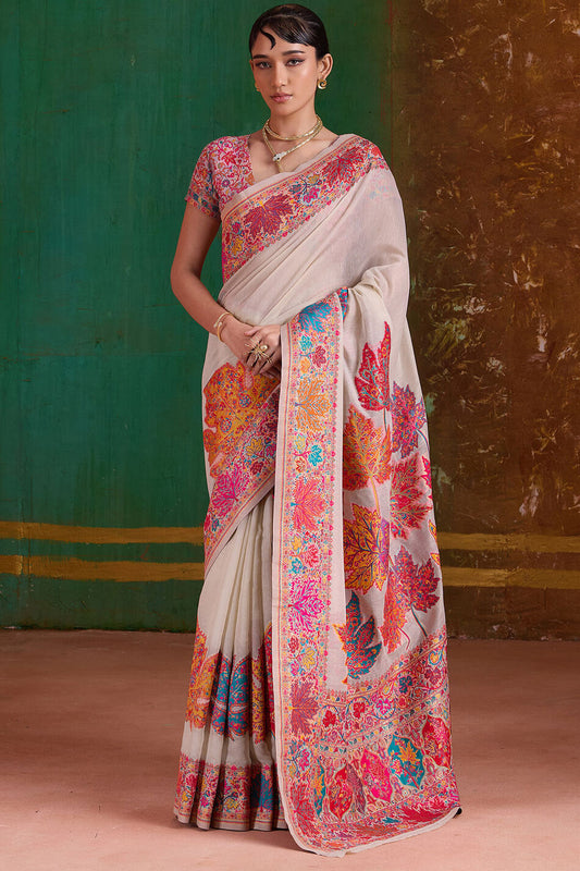 Extraordinary Beige Pashmina Saree With Pleasant Blouse Piece