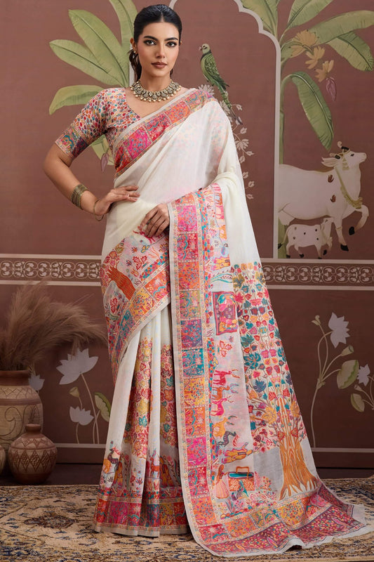 Admirable Off White Pashmina saree With Appealing Blouse Piece