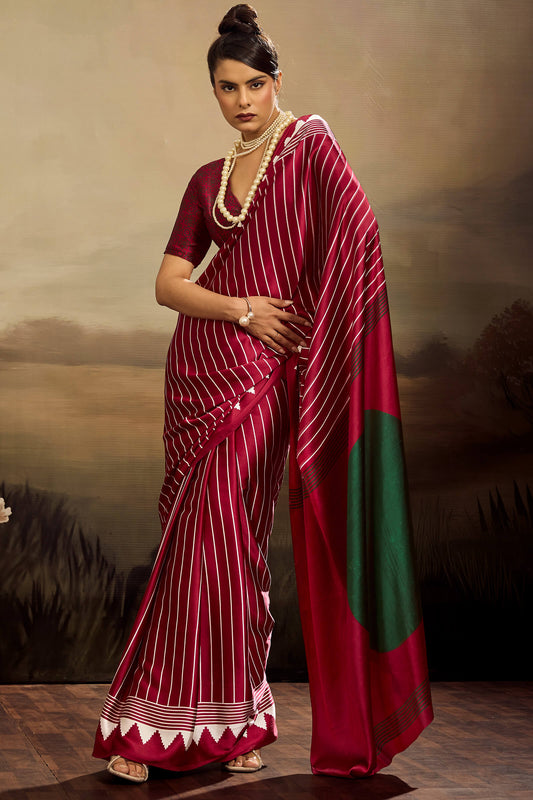 Brood Maroon Ajrakh Printed Semi Modal Silk Saree With Tremendous Blouse Piece