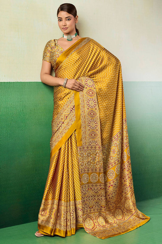 Posh Yellow Ajrakh Printed Semi Modal Silk Saree With Imbrication Blouse Piece