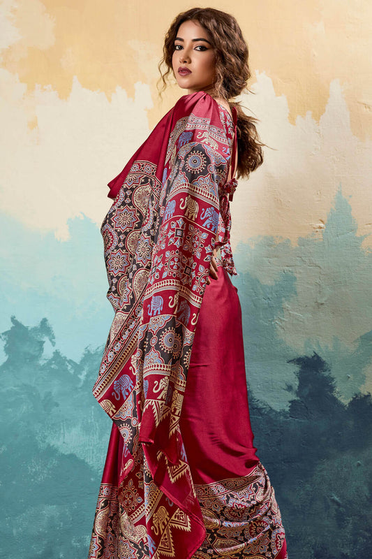 Scrumptious Maroon Ajrakh Printed Semi Modal Silk Saree With Splendiferous Blouse Piece