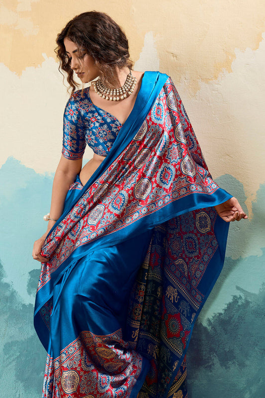 Panache Blue Ajrakh Printed Semi Modal Silk Saree With Precious Blouse Piece