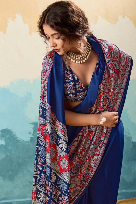 Energetic Navy Blue Ajrakh Printed Semi Modal Silk Saree With Scrupulous Blouse Piece