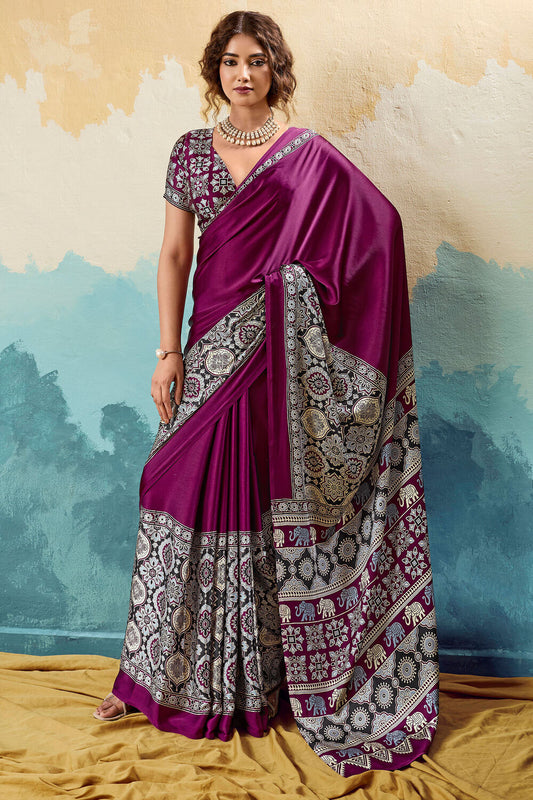 Resonant Purple Ajrakh Printed Semi Modal Silk Saree With Seraglio Blouse Piece