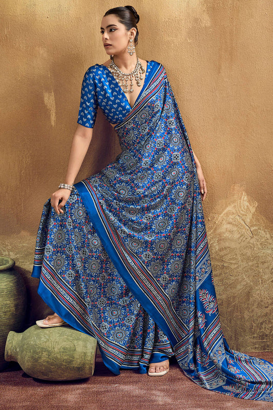 Inimitable Blue Ajrakh Printed Semi Modal Silk Saree With Symmetrical Blouse Piece