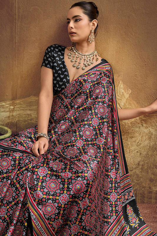 Fancifull Black Ajrakh Printed Semi Modal Silk Saree With Confounding Blouse Piece