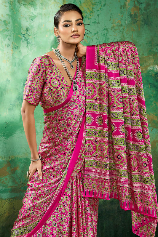Whimsical Dark Pink Ajrakh Printed Semi Modal Silk Saree With Vibrant Blouse Piece