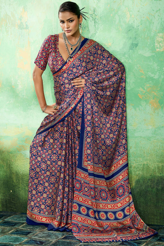 Lassitude Navy Blue Ajrakh Printed Semi Modal Silk Saree With Improbable Blouse Piece