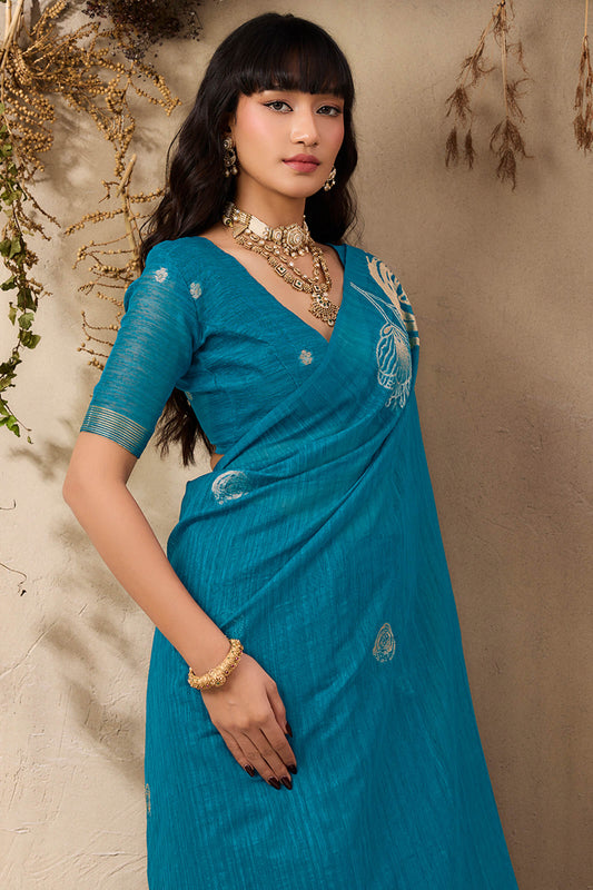 Ratatouille Firozi Cotton Silk Saree With Phenomenal Blouse Piece