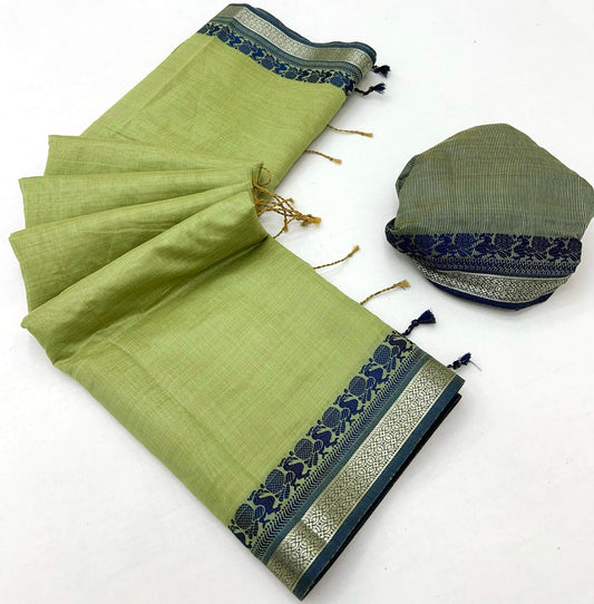 Lagniappe Pista Cotton Silk Saree With Resplendent Blouse Piece