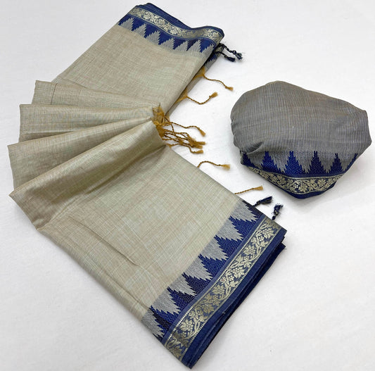 Classic Grey Cotton Silk Saree With Arresting Blouse Piece