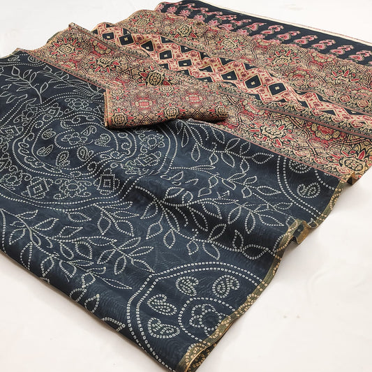 Desirable Grey Printed Cotton Silk Saree With Smashing Blouse Piece