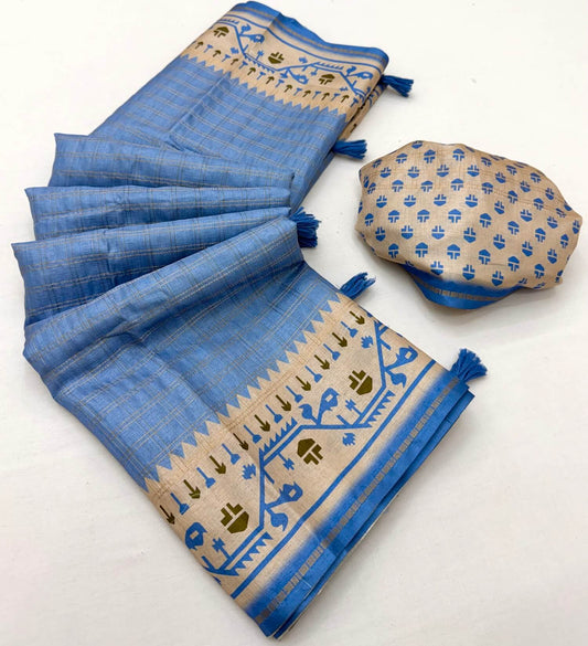 Glittering Blue Printed Tussar Silk Saree With Effulgent Blouse Piece
