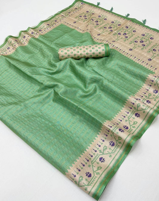 Prominent Pista Printed Tussar Silk Saree With Divine Blouse Piece