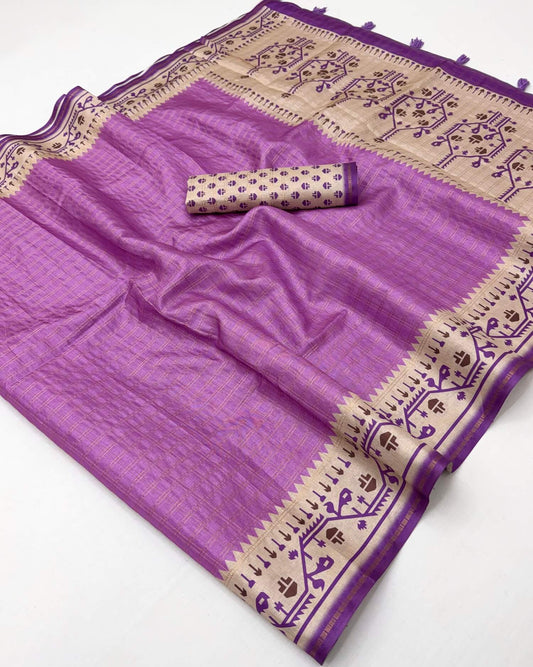 Exquisite Lavender Printed Tussar Silk Saree With Profuse Blouse Piece