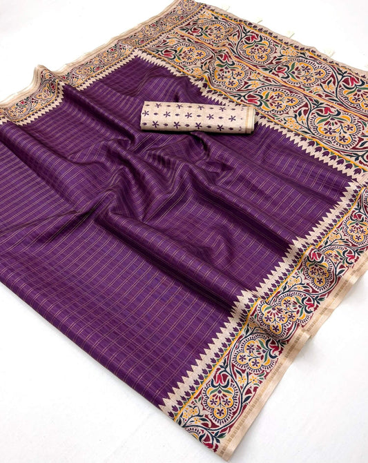 Mesmerising Purple Printed Tussar Silk Saree With Fugacious Blouse Piece