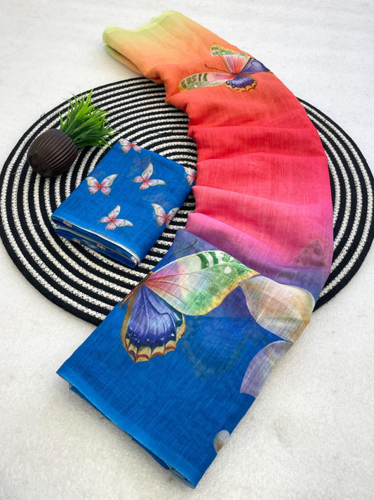 Innovative Multicolor Printed Linen Silk Saree With Capricious Blouse Piece