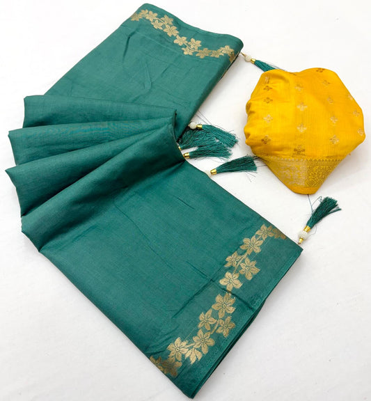 Skinny Rama Viscose Cotton Silk Saree With Rhapsody Blouse Piece