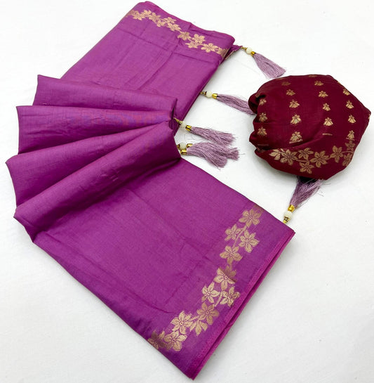 Enthralling Purple Viscose Cotton Silk Saree With Moiety Blouse Piece