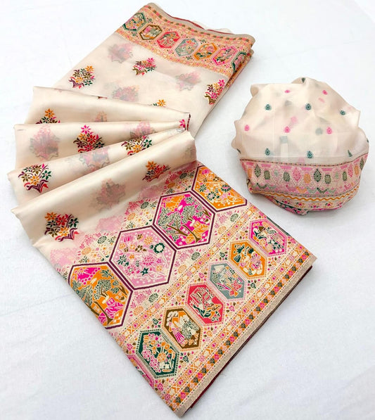 Assemblage Beige Pashmina Silk Saree With Staggering Blouse Piece