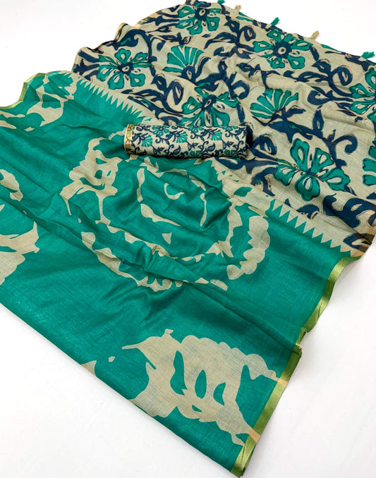 Staggering Rama Printed Cotton Silk Saree With Diaphanous Blouse Piece